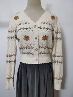 秋冬女装甜美温柔风刺绣针织衫开衫小个子修身显瘦毛衣外套短款