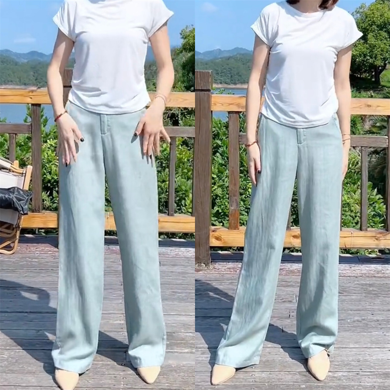 天丝亚麻人字纹直筒裤女2025夏季