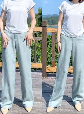 天丝亚麻人字纹直筒裤女2026夏季新款阔腿裤白色高端窄版休闲女裤