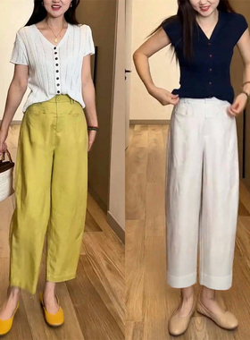 天丝亚麻气球裤女2026夏季款高腰小个子九分裤垂感垂感麻料香蕉裤