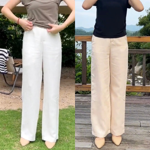 天丝亚麻人字纹直筒裤女白色