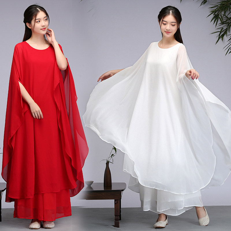 婵服女婵舞禅意古典连衣裙中国风夏装白色佛古筝演出服装仙女飘逸