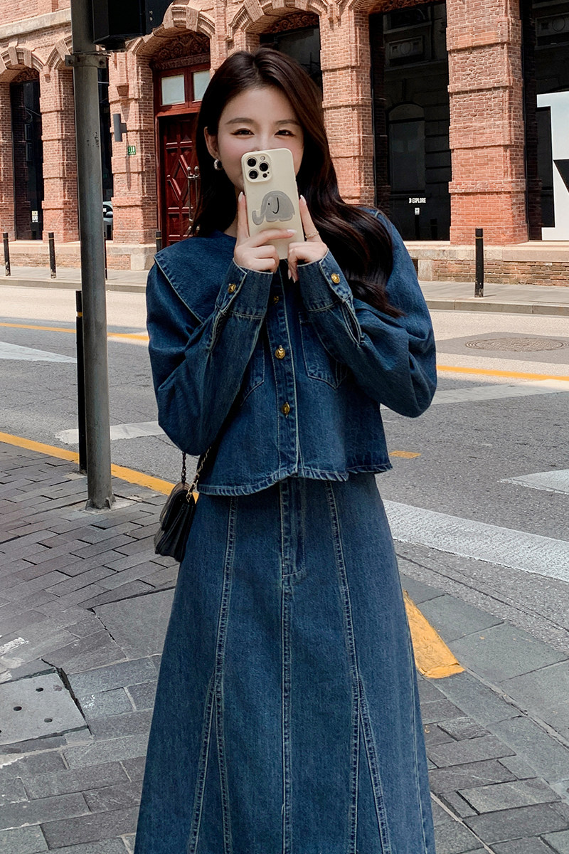 复古娃娃领牛仔连衣裙女春秋2025年新款气质绝美衬衫长裙两件套装,女装套装/套裙,2C135