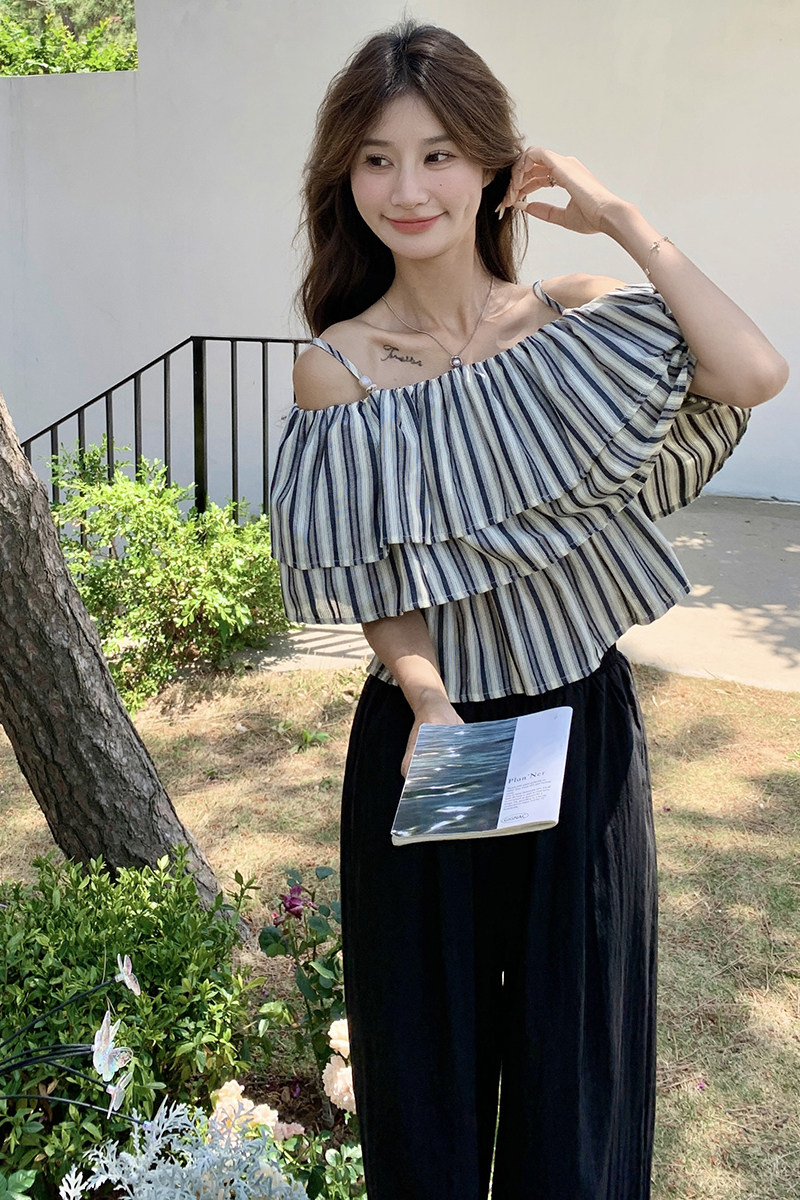 现货：夏装新款竖条纹露肩上衣＋阔腿裤套装2C135-5092P115K178,女装套装/套裙,2C135