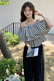 现货：夏装新款竖条纹露肩上衣＋阔腿裤套装2C135-5092P115K178，女装套装/套裙，2C135