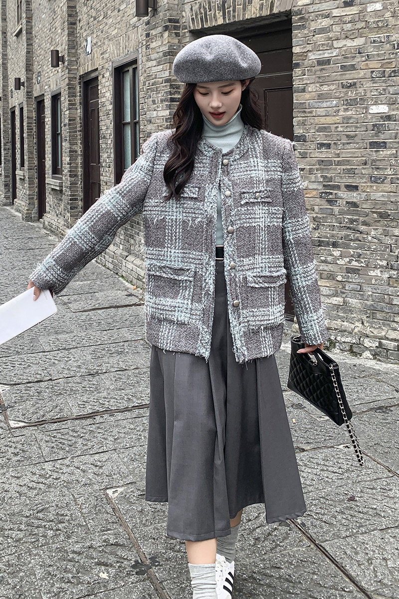 2025年冬装新款设计感粗花毛呢格子小香风外套2C135-2388P155K258,女装毛呢外套,2C135