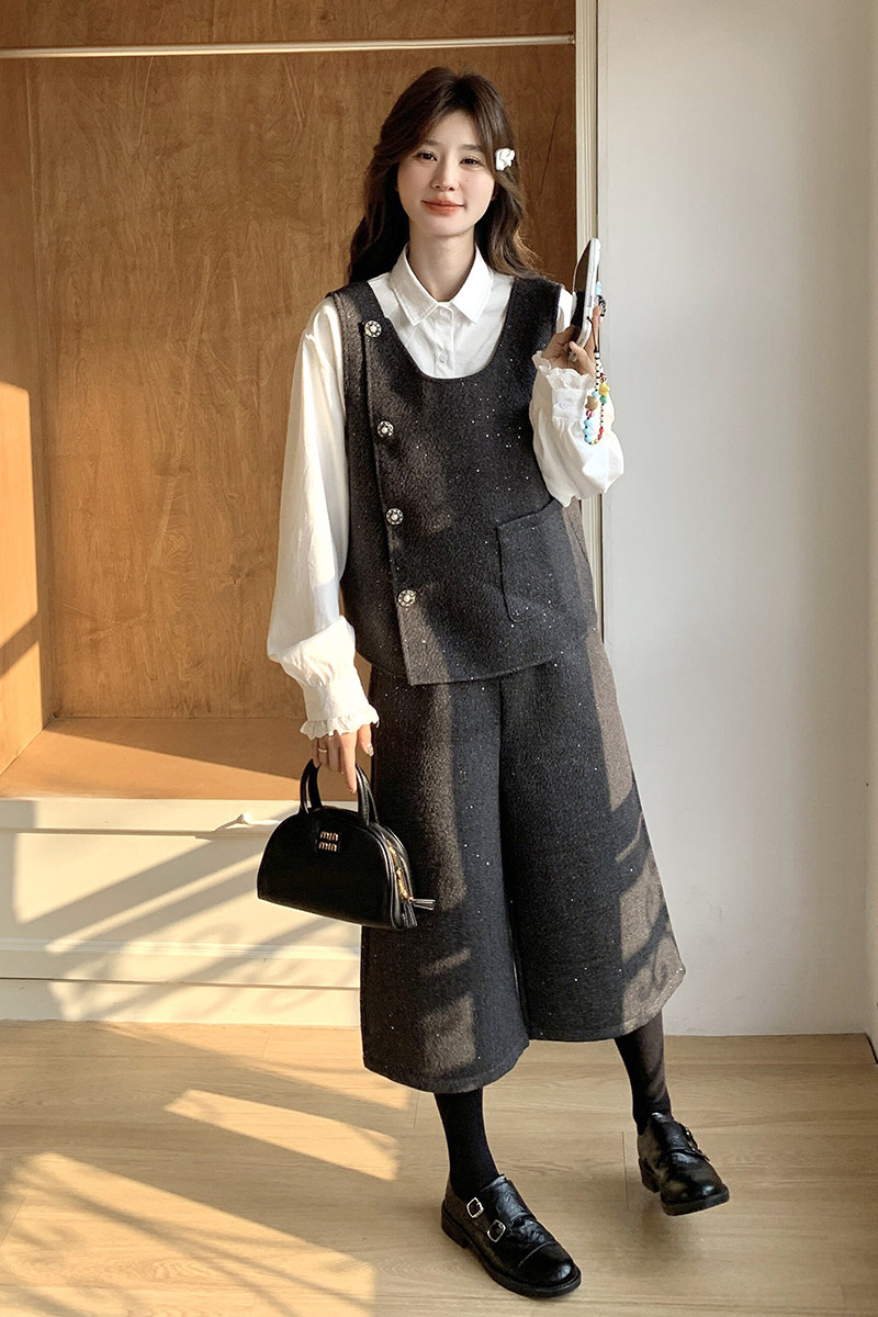 现货：春装新款衬衫白色蝴蝶结马甲＋阔腿裤三件套-6870P185K268,女装套装/套裙,2C135