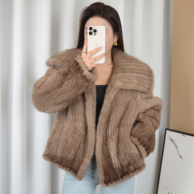 雷老板方领款长袖外套进口水貂毛编织工艺短款皮草上衣时尚貂编织