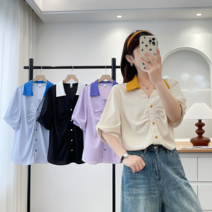 法式2025撞色复古夏季短袖衬衫新款大码设计别致气质百搭宽松上衣