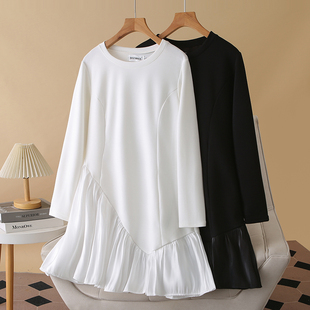 高级感时髦拼接T恤百褶连衣裙女2025秋季大码女装胖MM小众风裙子