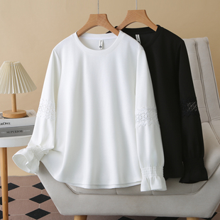 大码女装200斤胖MM春秋新款镂空拼接喇叭袖上衣拼接圆领长袖T恤
