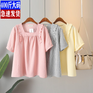 女装 甜美木耳边方领套头短袖 格子娃娃衫 新款 t恤 200斤胖mm夏季 大码
