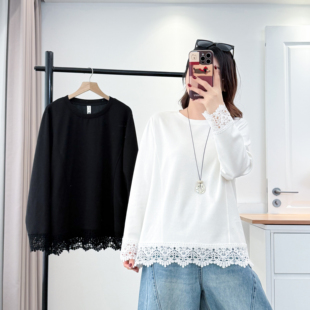 大码女装上衣200斤胖MM时尚百搭2026春季新款洋气蕾丝拼接长袖T恤