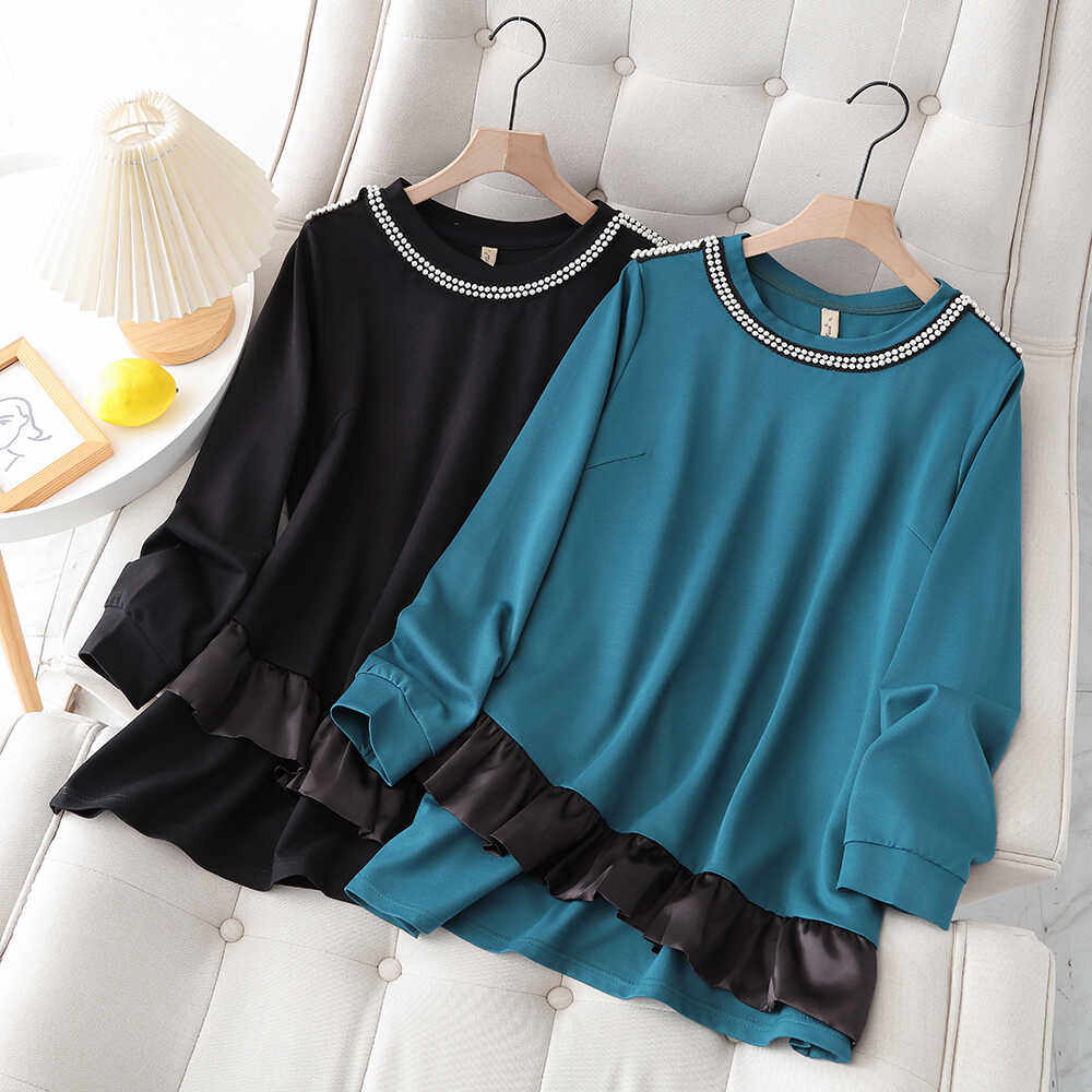 大码女装上衣200斤胖MM春秋新款宽松显瘦拼接圆领洋气长袖T恤