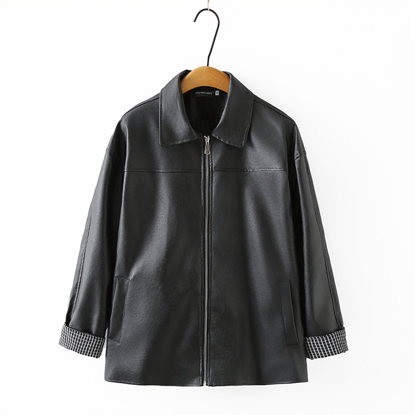 2025年春秋款胖mm格子拼接PU外套上衣大码皮衣女复古机车风皮夹克