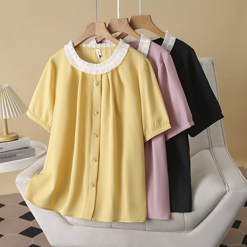 大码女装2025夏季新款胖mm宽松显瘦遮肉短袖衬衫百搭花边领上衣