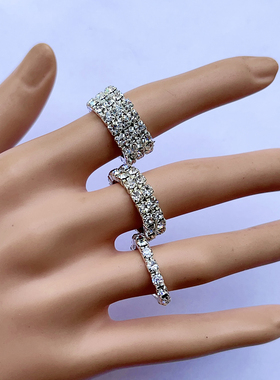 可调节一排两排三排四排闪亮弹力水钻戒指设计感冷门弹性指环黑钻