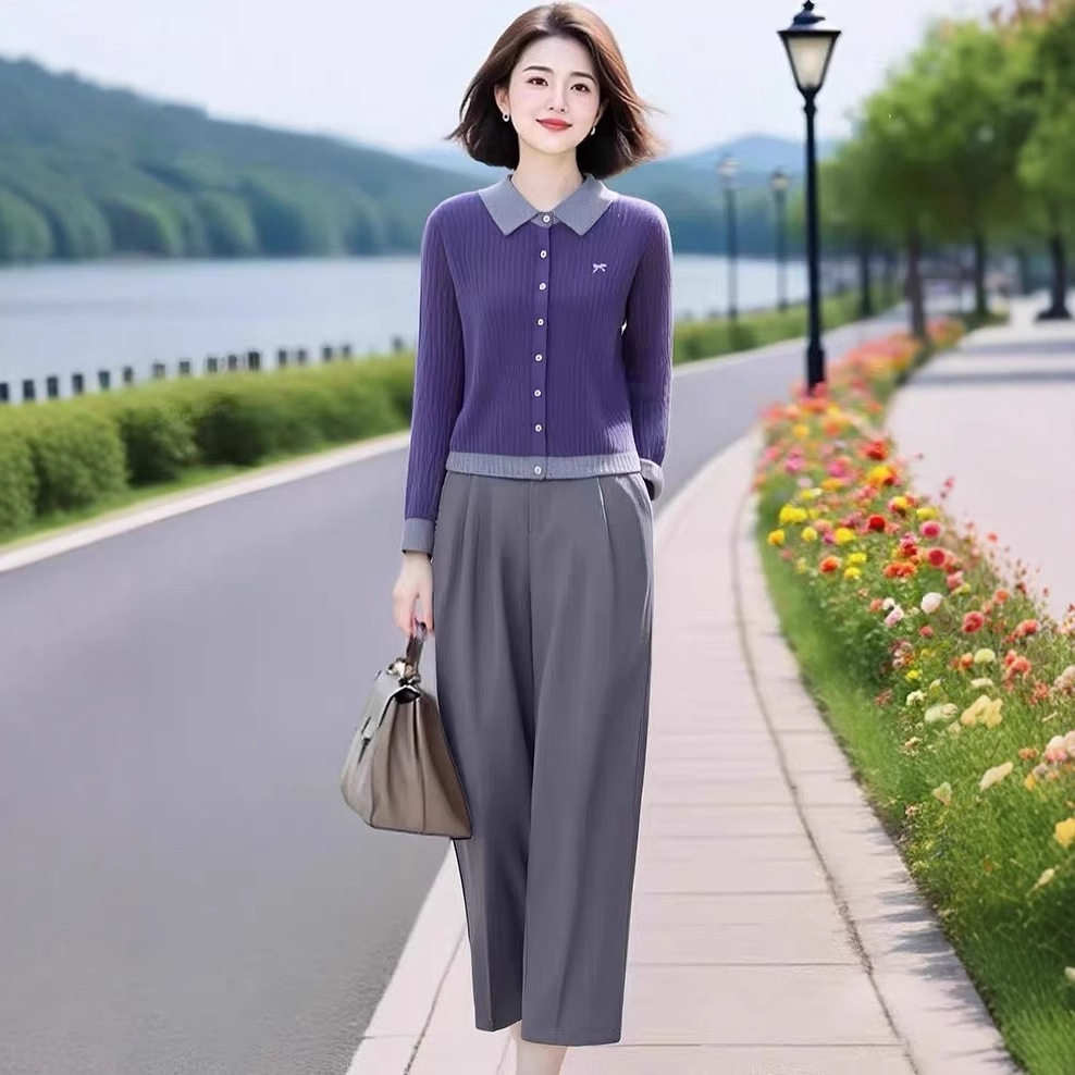 妈妈装春秋时尚新款翻领针织开衫灰松紧腰九分休闲裤女套装运动
