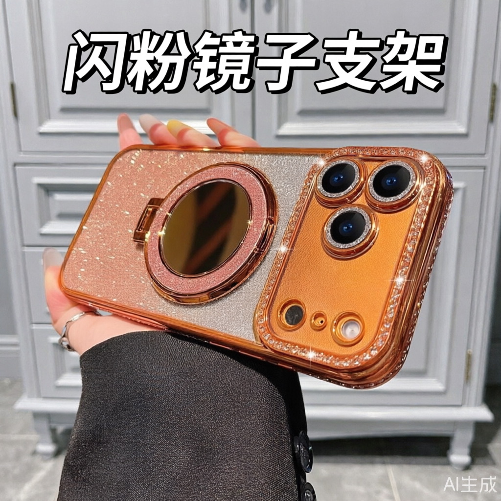 女款闪粉磁吸支架苹果17ProMax手机壳带镜子新款iPhone 16 15 14 plus奢华磁吸支架水钻镜头防摔保护套化妆镜