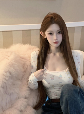 JOEY 小猫甜甜豆【推荐】带胸垫 超好看印花内搭打底衫长袖T恤女