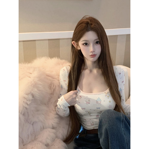 JOEY 小猫甜甜豆【推荐】带胸垫 超好看印花内搭打底衫长袖T恤女