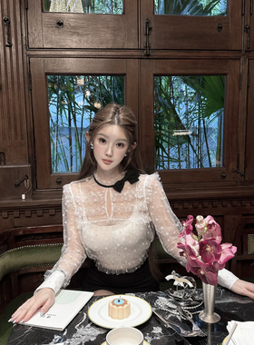 JOEY 诺娜丽梦童话 轻奢高级感蕾丝上衣女定制蝴蝶结植绒网纱上衣