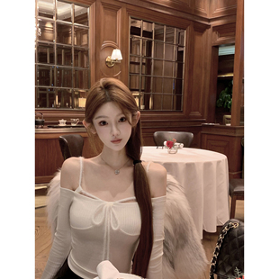 JOEY 水貂毛挂脖一字领高级感可外穿白色内搭打底衫长袖T恤女