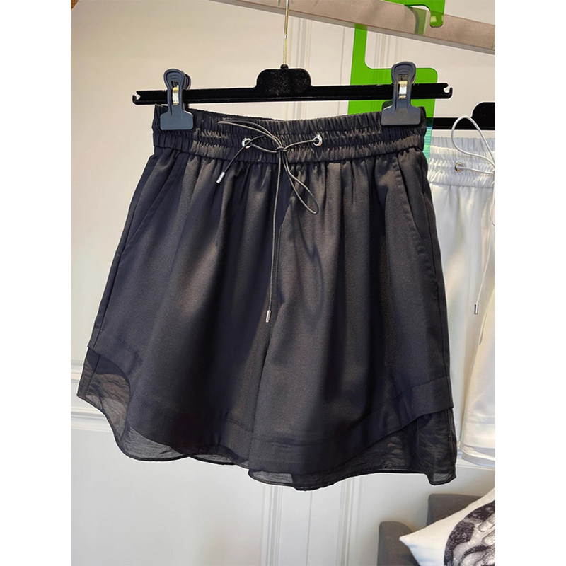 黑色运动短裤女士2025夏季薄款冰丝阔腿裤高腰休闲下摆拼纱花苞裤