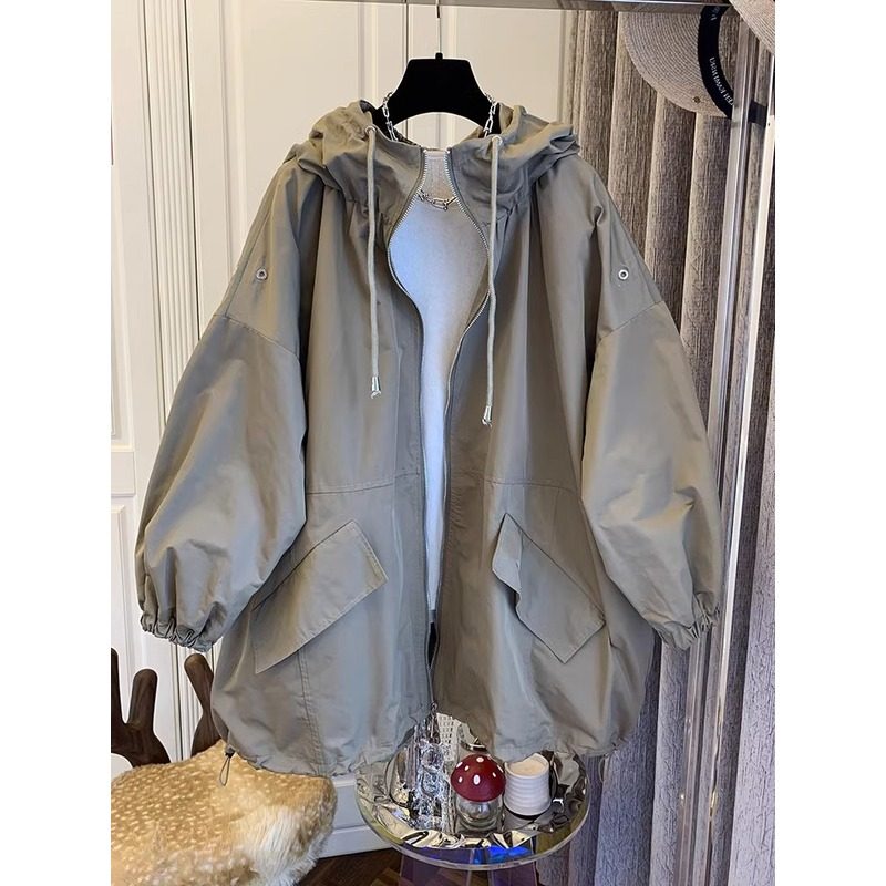 设计感工装外套女春装新款大码上衣小众宽松休闲抽绳连帽风衣外套