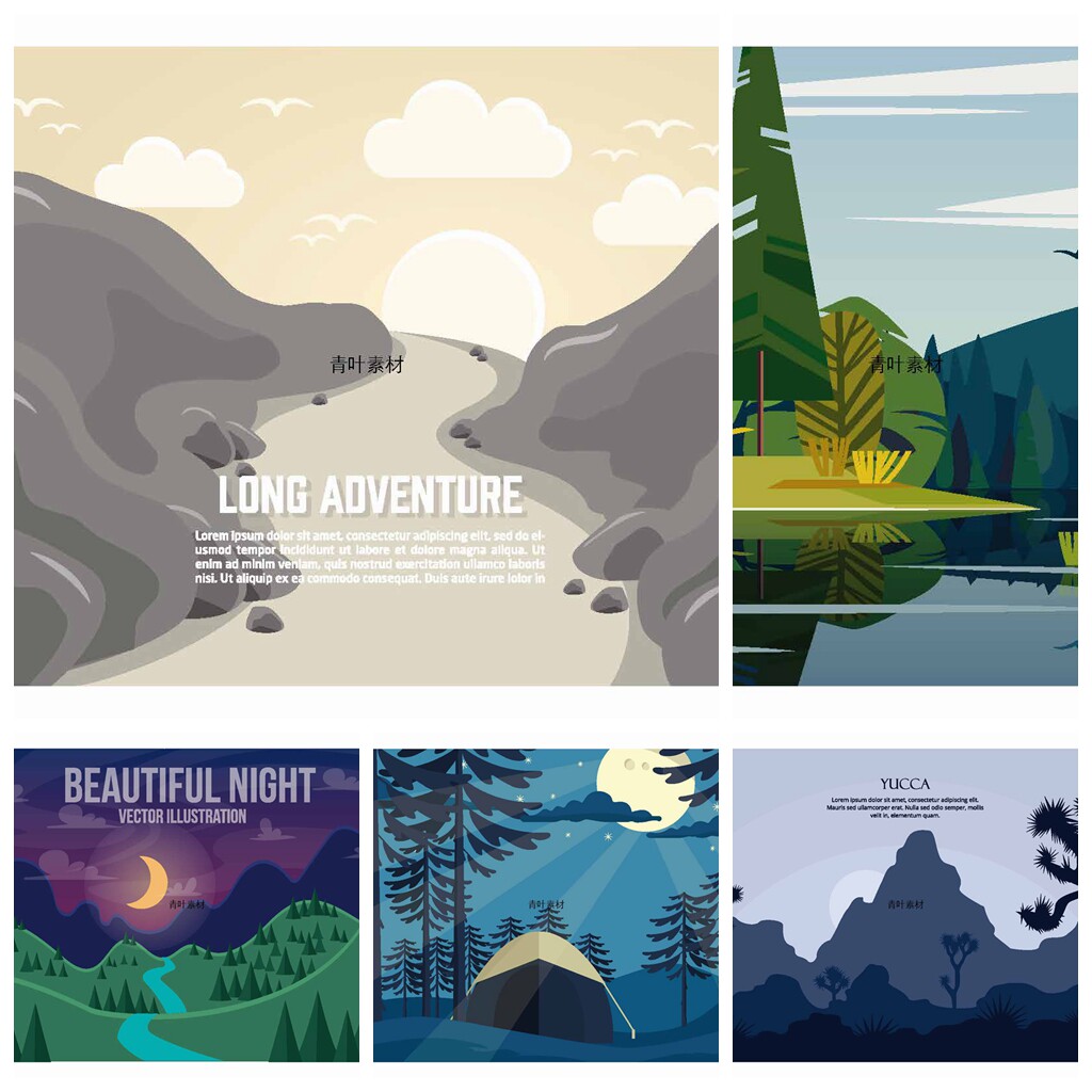 精美风景旅游森林插画插图夏季游泳旅游度假海边ai矢量素材