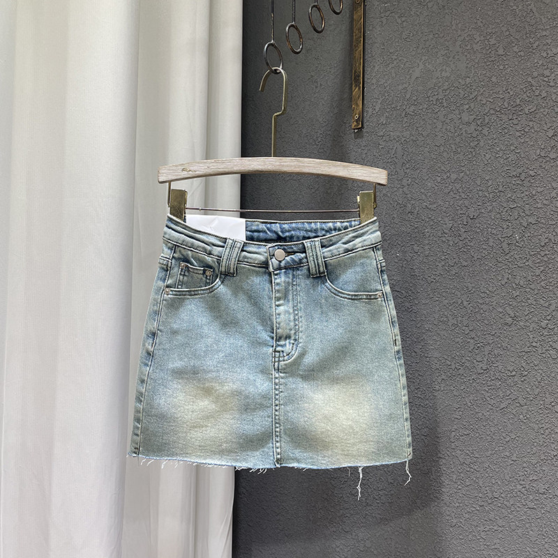 2024夏季新款韩版高腰复古毛边牛仔半身裙女弹力紧身辣妹包臀短裙