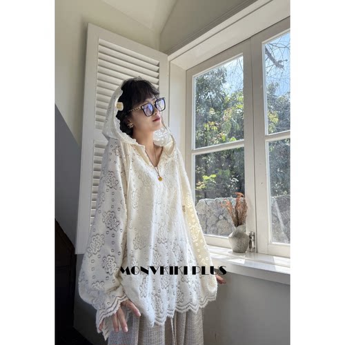 大码微胖毛感蕾丝花连帽上衣T恤