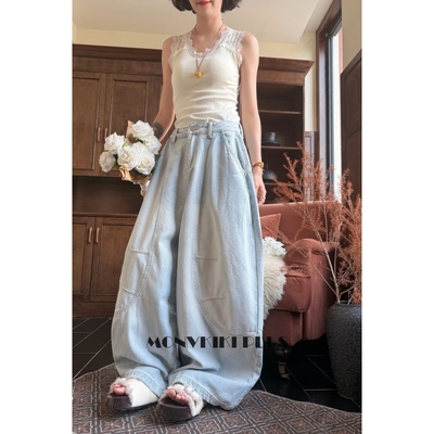 大码微胖复古做旧抓毛牛仔裤