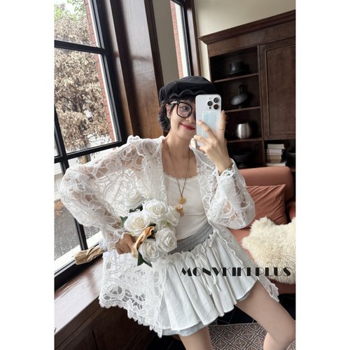 大码微胖镂空蕾丝连帽开衫外套