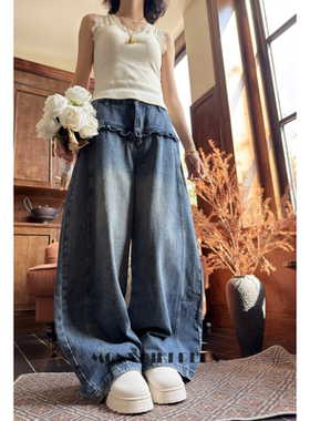 魔女MoNvKiKiPlus「霞梦」大码微胖木耳花边抓绒牛仔裤抓绒#B311