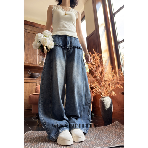 大码微胖木耳花边抓绒牛仔裤抓绒