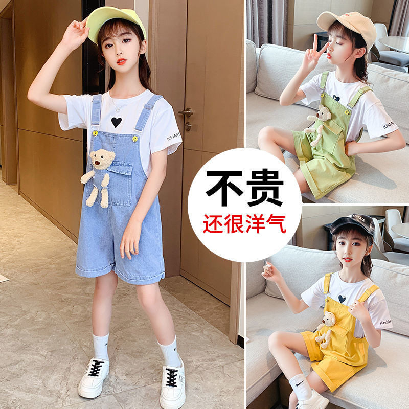 女童夏连衣裤背带裤套装2024新款夏装儿童韩版潮衣牛仔吊带裤短裤
