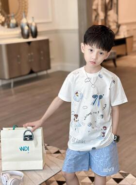 童装太空主题趣味涂鸦图案白色T恤满印字母蓝色短裤套装男女宝宝