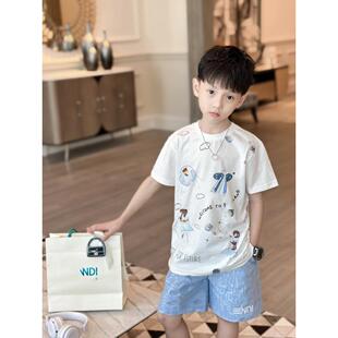 童装太空主题趣味涂鸦图案白色T恤满印字母蓝色短裤套装男女宝宝