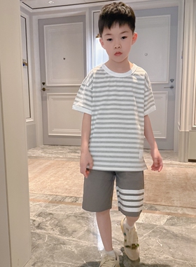 今今家男女童夏季纯棉条纹短袖薄款家居服套装可外穿简约户外宽松