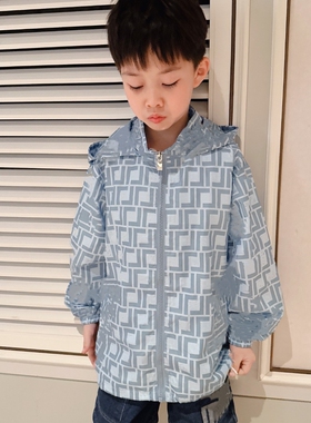 今今家儿童防晒衣男童连帽几何印花拉链外套宽松皮肤衣春夏童装