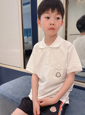 今今家春夏珠地棉小徽章口袋翻领短袖上衣儿童白色POLO衫男童宝宝