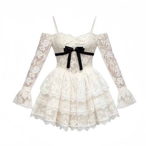 法式复古蕾丝露肩蛋糕连衣裙