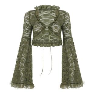 千禧辣妹浪漫蕾丝开衫 LIULIUGE浪漫微透v领蕾丝拼接喇叭袖 罩衫