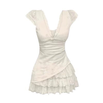 现货蕾丝泡沫假两件收腰连衣裙