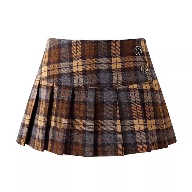 自制 美式复古撞色格子百褶裙女高腰显瘦A字短裙毛呢学院风半身裙