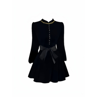 连衣裙秋季 折赫本风黑色丝绒长袖 新品 LIULIUGE秋冬伯拉德千金