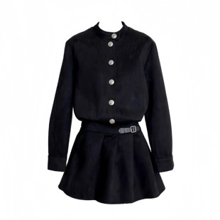 穿搭连衣裙千金感巨好看miu系穿搭短裙 秋冬季 现货 麂皮绒黑色长袖