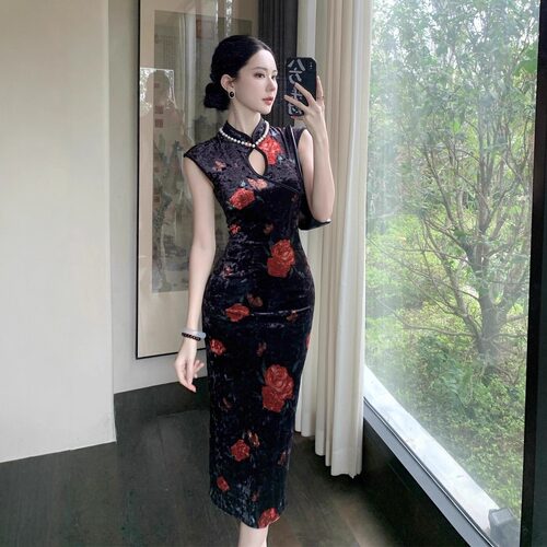 复古印花改良旗袍中长丝绒连衣裙