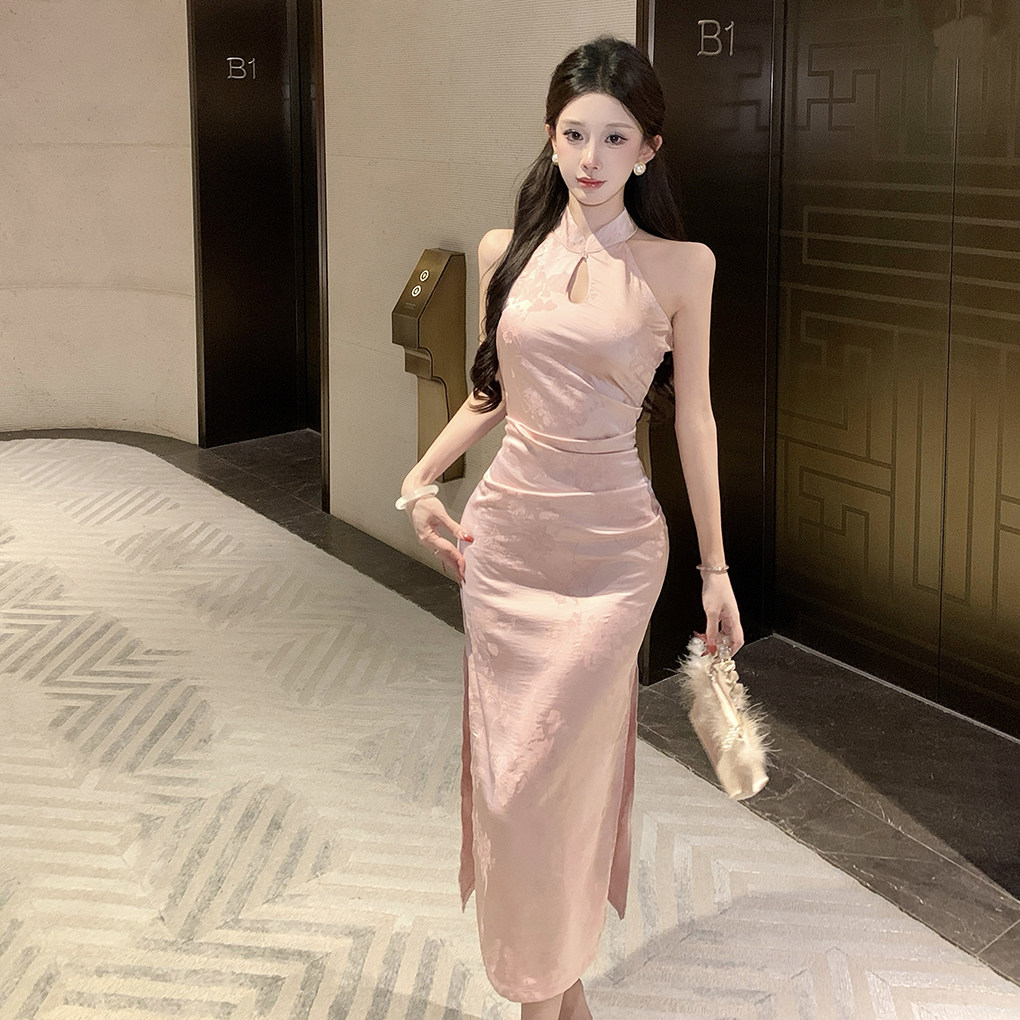 粉色缎面提花改良旗袍连衣裙女夏新中式无袖修身开叉约会礼服长裙